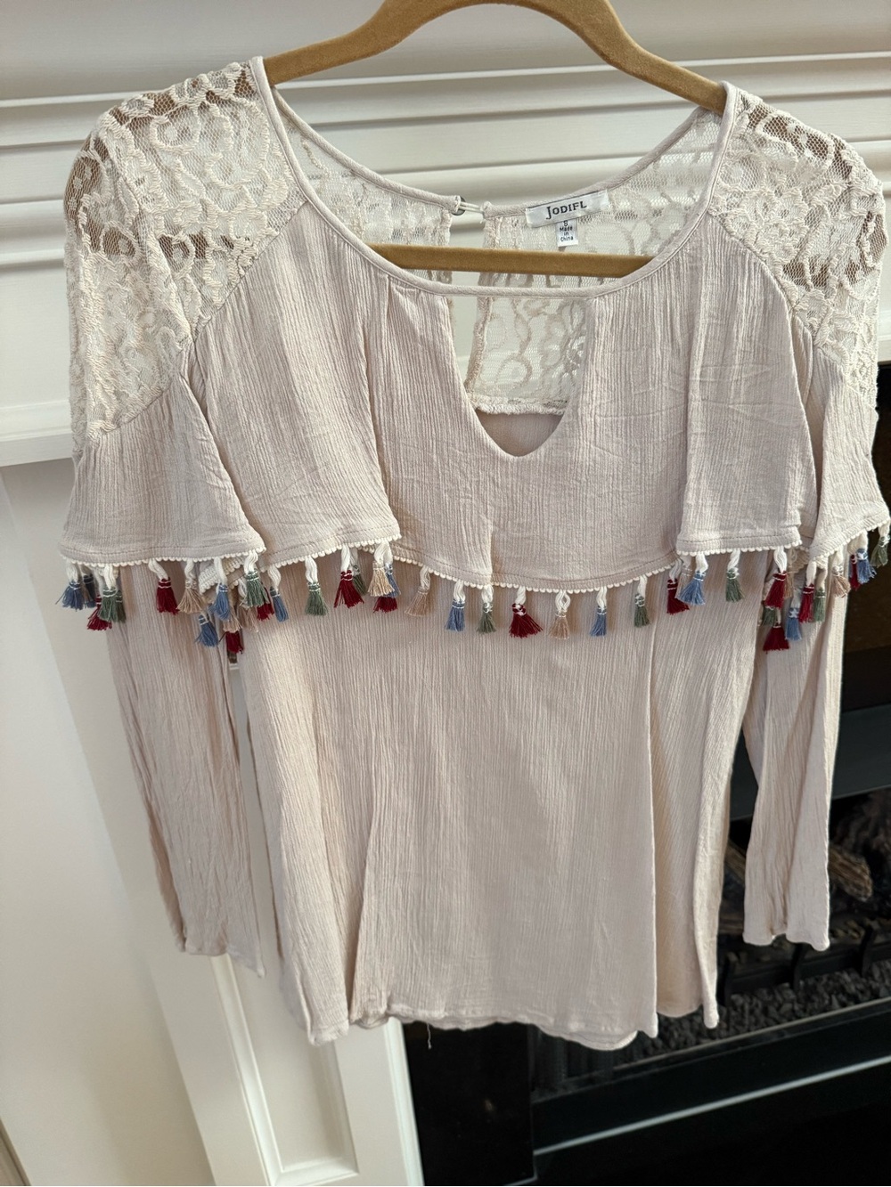 JODIFL Cream Lace Yoke Blouse with Multicolor Tassels